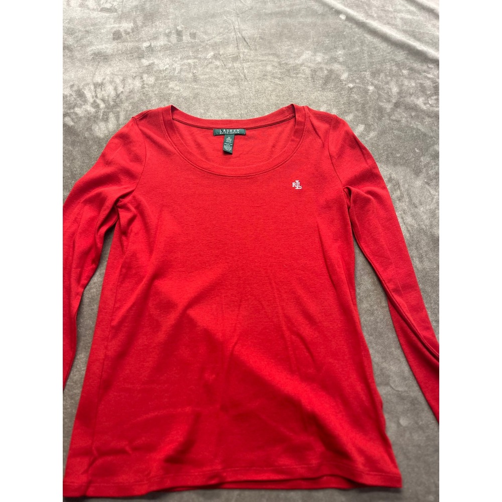 Lauren Ralph Lauren Womens Red Long Sleeve Cotton Scoop Neck RL Logo Tee Shirt M